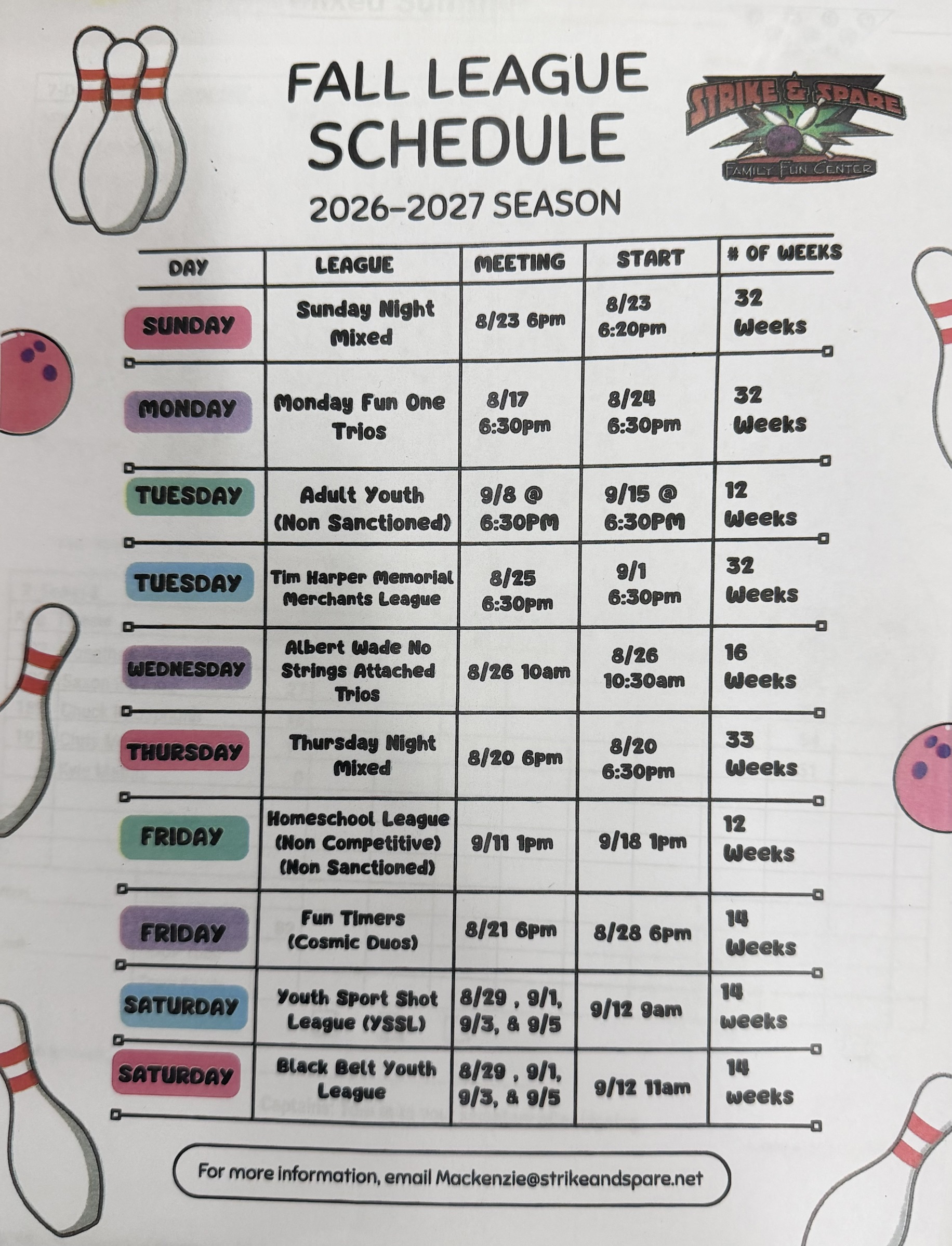 Strike & Spare Murfreesboro 2026-2027 Fall League Schedule