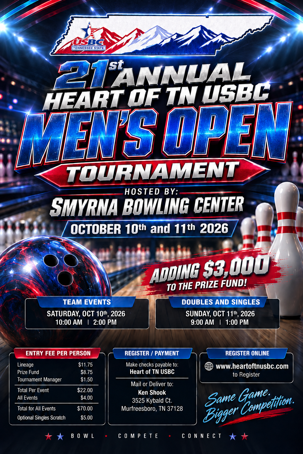 21st ANNUAL HEART OF TN USBC MEN’S OPEN TOURNAMENT HOSTED BY: SMYRNA BOWLING CENTER OCTOBER 10th and October 11th 2026