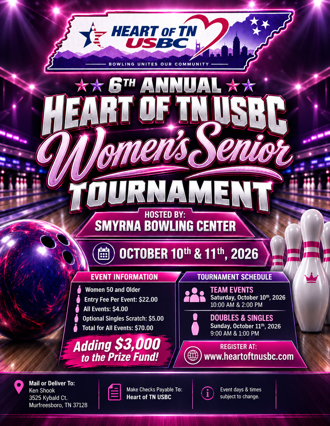 6th ANNUAL HEART OF TN USBC WOMEN’S SENIOR TOURNAMENT HOSTED BY: SMYRNA BOWLING CENTER OCTOBER 10th and 11th 2026